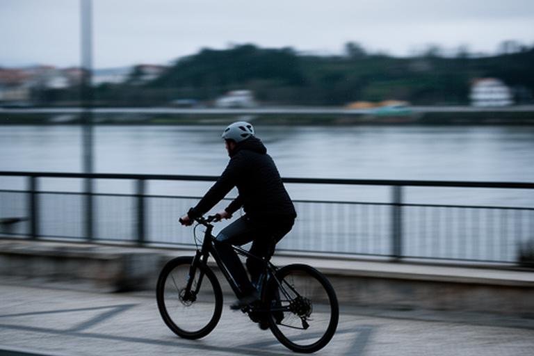 Ciclista a passar junto à zona ribeirinha de Seixal com bicicleta urbana e capacete cinzento