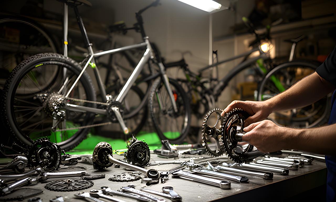 Oficina de bicicletas com bancada equipada, ferramentas alinhadas e luz forte sobre uma reparação em curso