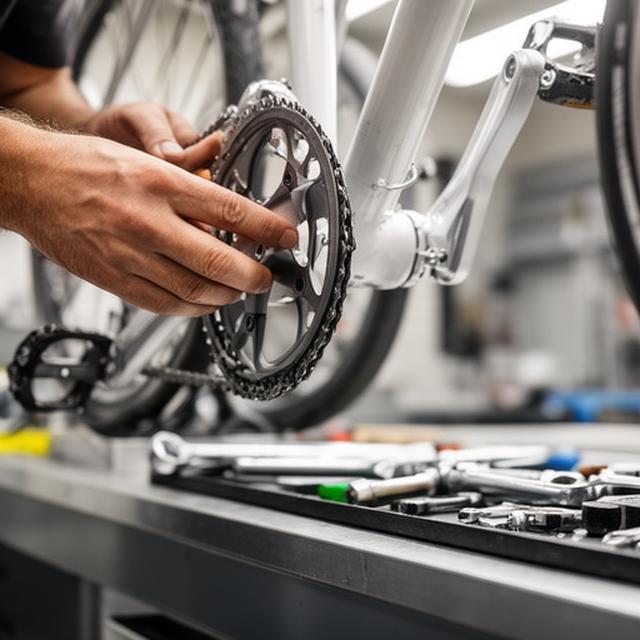 Mecânico a verificar uma bicicleta em bancada, com foco no travão e na transmissão numa oficina limpa