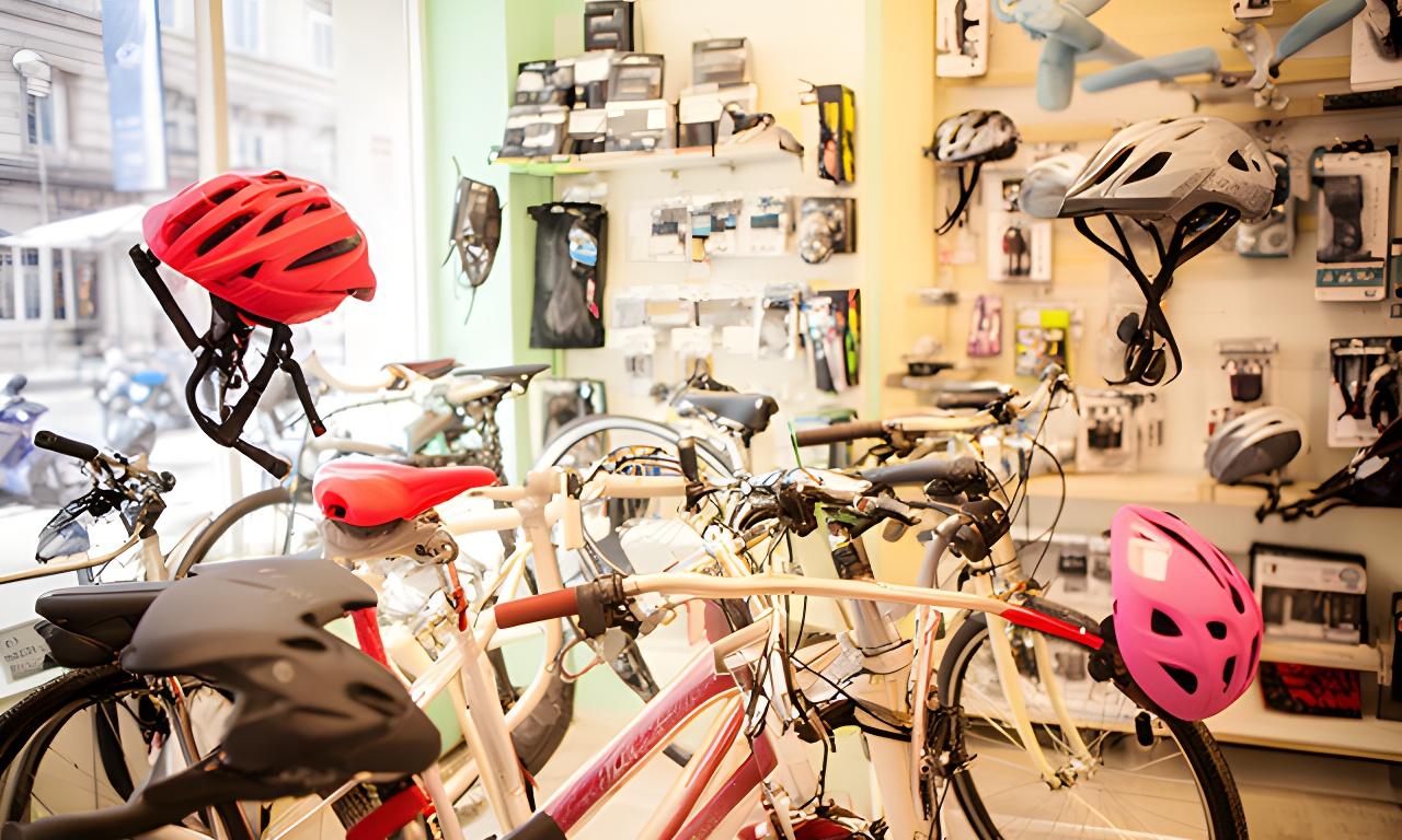 Bicicleta urbana com acessórios de segurança e viagem expostos numa loja luminosa em Seixal