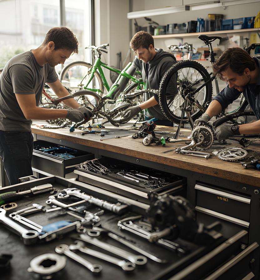 Equipa da loja a preparar bicicletas junto à oficina, com bancada de ferramentas e luz natural