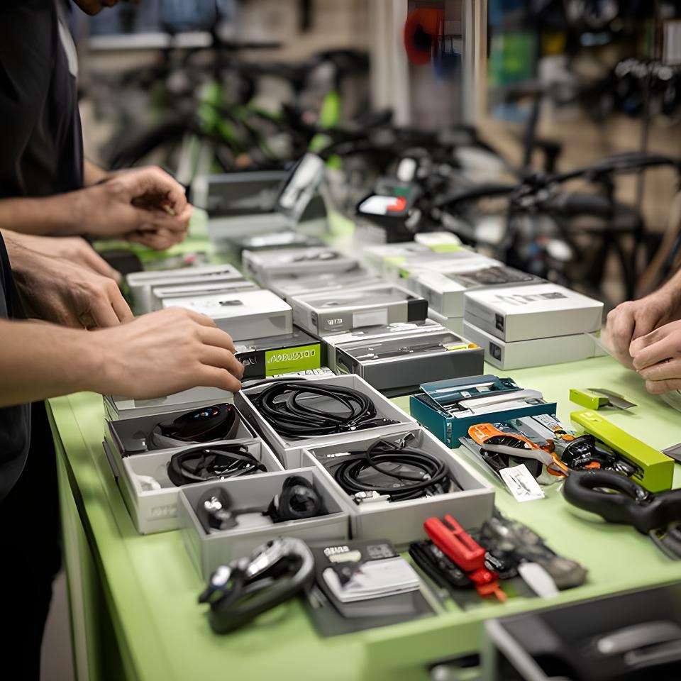 Técnico a escolher acessórios de ciclismo ao balcão com caixas e peças organizadas