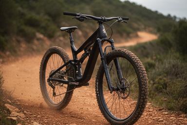 Mountain bike full-suspension numa trilha de terra na Arrábida, com suspensão longa e pneus largos