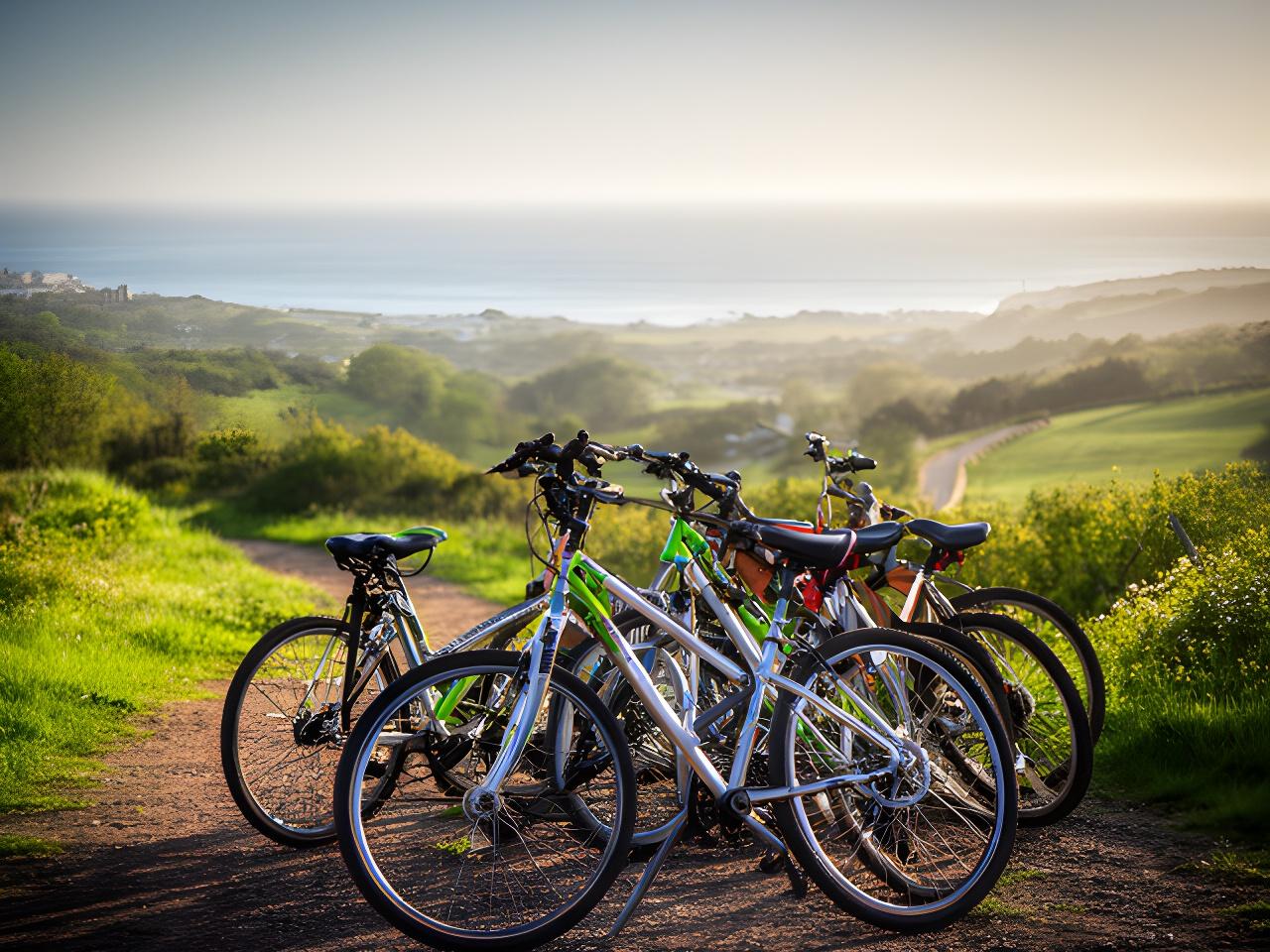Bicicletas preparadas junto ao Parque Natural da Arrábida, com trilhos e mar ao fundo