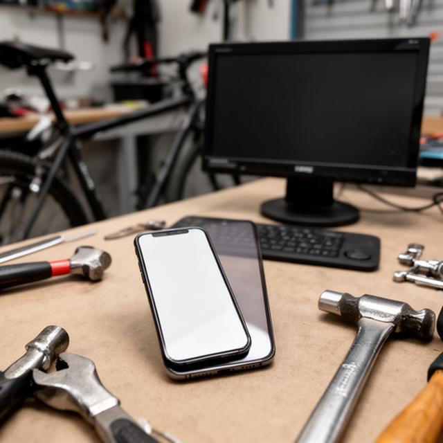 Telefone e computador sobre bancada de oficina de bicicletas com ferramentas discretas ao lado