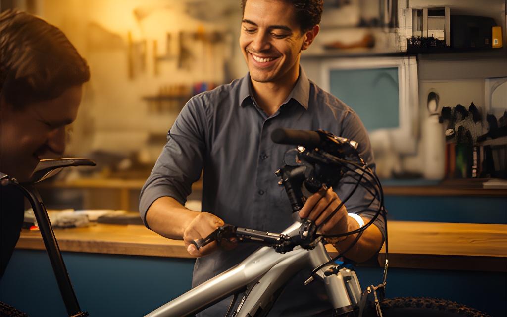 Cliente a receber a bicicleta ajustada junto ao balcão, com expressão satisfeita e luz quente de oficina