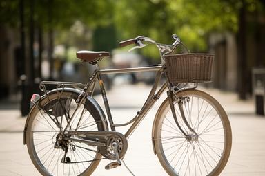 Bicicleta de cidade clássica encostada a um passeio pedonal, com cesto frontal e posição alta