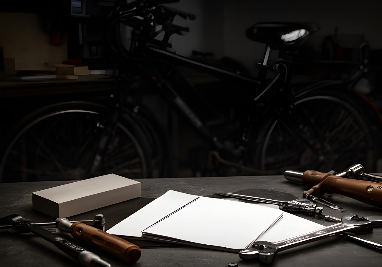Bicicleta de fundo escuro com bloco de notas e ferramentas na mesa da oficina