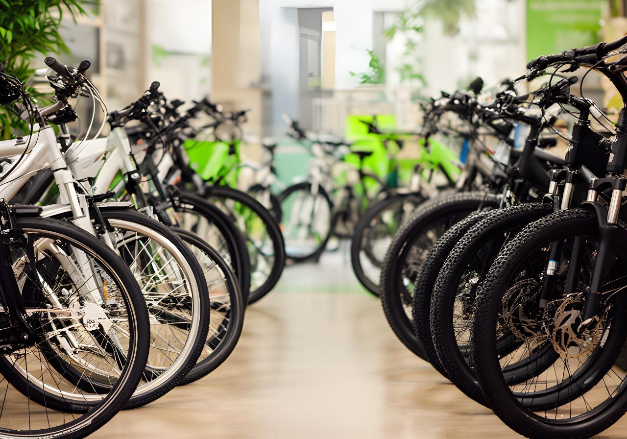 Bicicletas alinhadas na loja da Península de Setúbal, com quadro de cidade, BTT e eléctrica em destaque