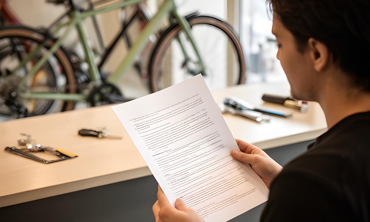 Pessoa a ler a política de privacidade num balcão de loja de bicicletas em Seixal, com uma bicicleta ao fundo