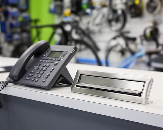 Telefone e caixa de correio num balcão de atendimento com peças de bicicleta ao fundo