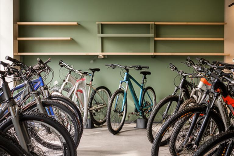Bicicletas de cidade e de montanha expostas no interior da loja, sob luz natural e prateleiras simples