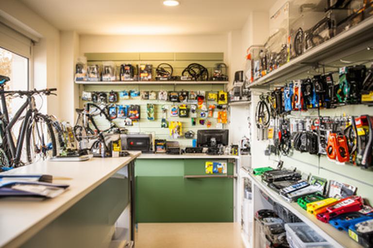 Interior da loja com balcão, cascos e acessórios de ciclismo organizados em prateleiras em Seixal