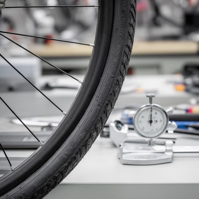 Detalhe de roda de bicicleta e medidor de oficina sobre bancada limpa com fundo desfocado