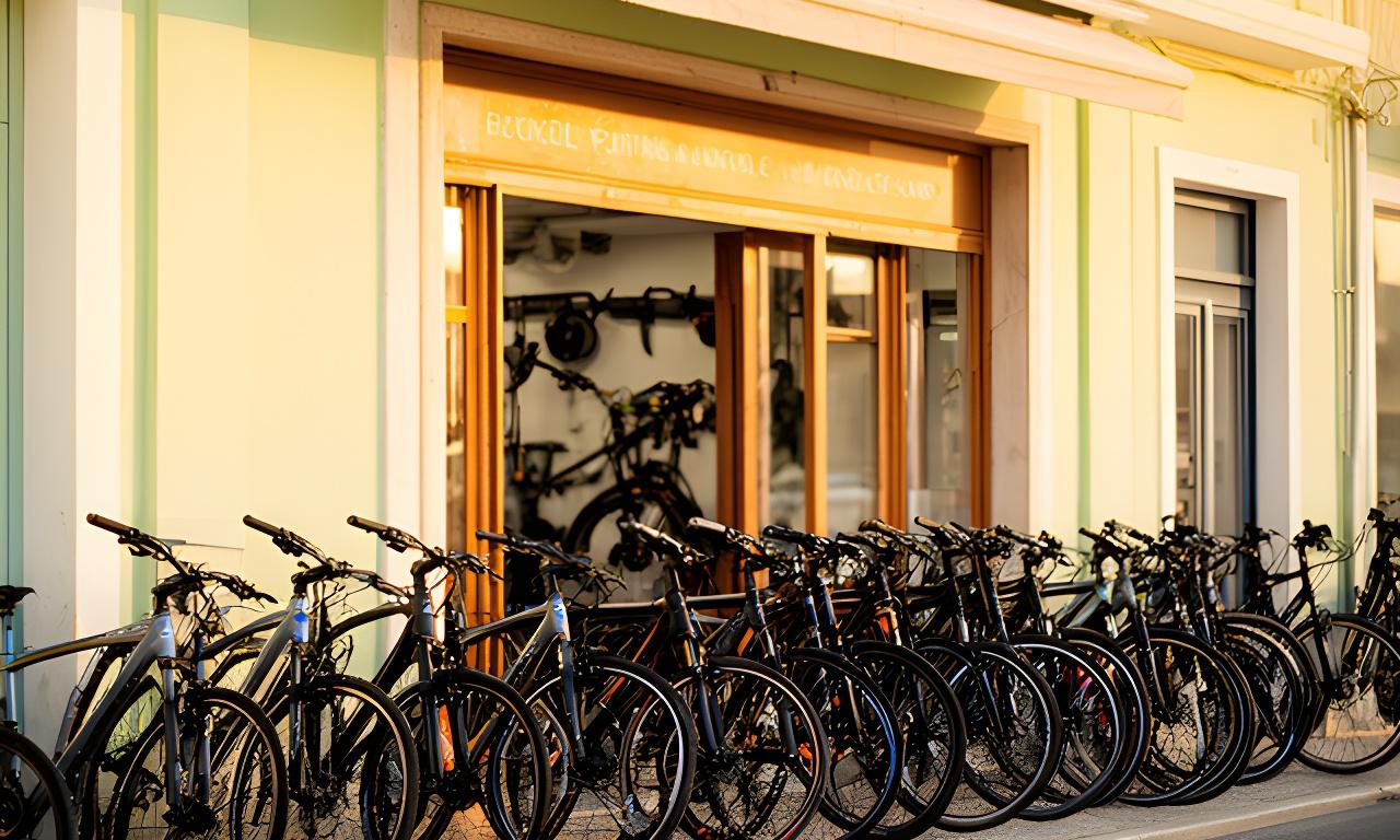 Fachada da loja Baía Giro em Seixal, com bicicletas alinhadas à entrada e luz de fim de tarde