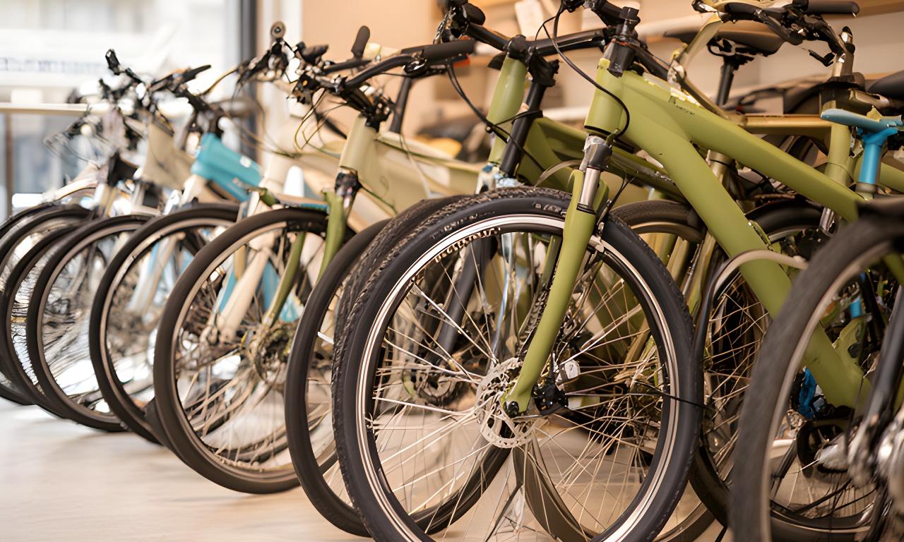 Bicicletas alinhadas num espaço de loja em Seixal, com detalhe de quadro, rodas e acessórios sob luz natural