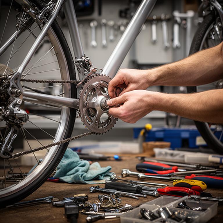 Mecânico a ajustar uma transmissão numa oficina de bicicletas em Seixal, com ferramentas organizadas na bancada