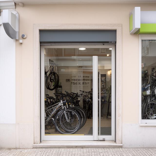 Entrada da loja de bicicletas com porta envidraçada e sinalética simples na fachada em Seixal