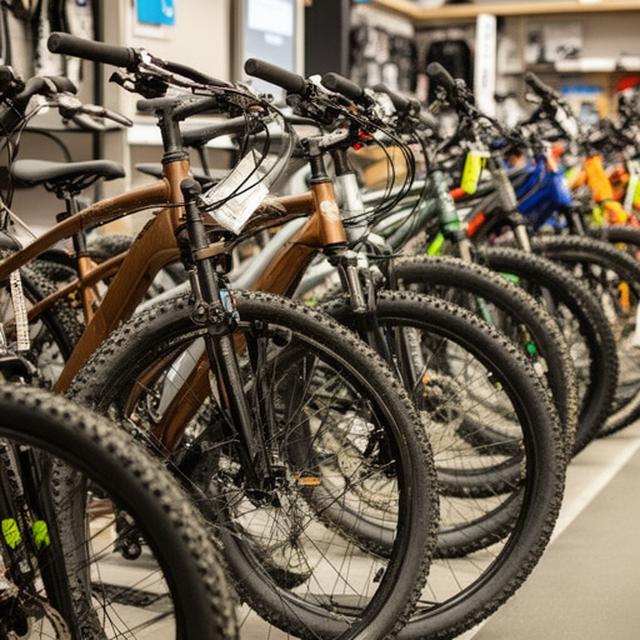 Fila de bicicletas urbanas e de montanha dentro da loja, com selim, guiador e pneus bem visíveis