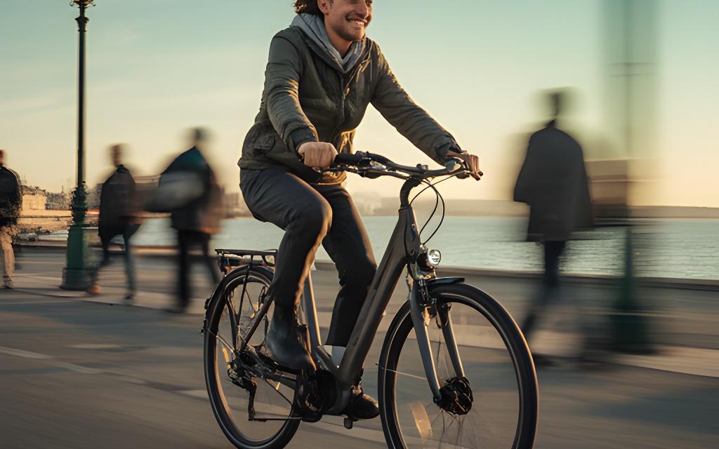 Cliente a sair para um passeio de fim de semana numa bicicleta urbana junto à marginal